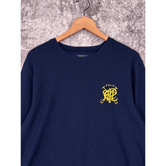 Polo Ralph Lauren Shirt Large Mens Monogram Waffle Thermal Blue Long Sleeve - Picture 2 of 8